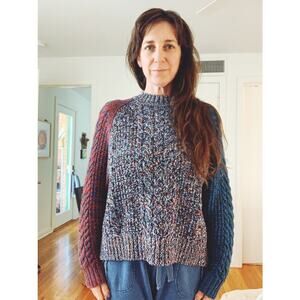 JIL SANDER NAVY Blue Red Colorblock 100% Wool Cable Knit Long Sleeve Sweater M